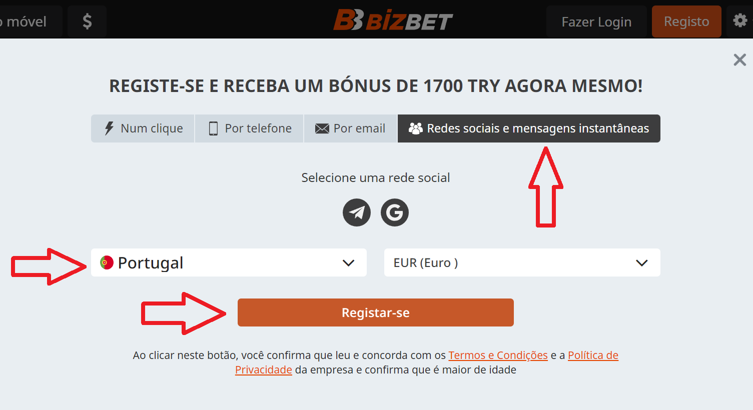 Registrarse por social network Bizbet Portugal
